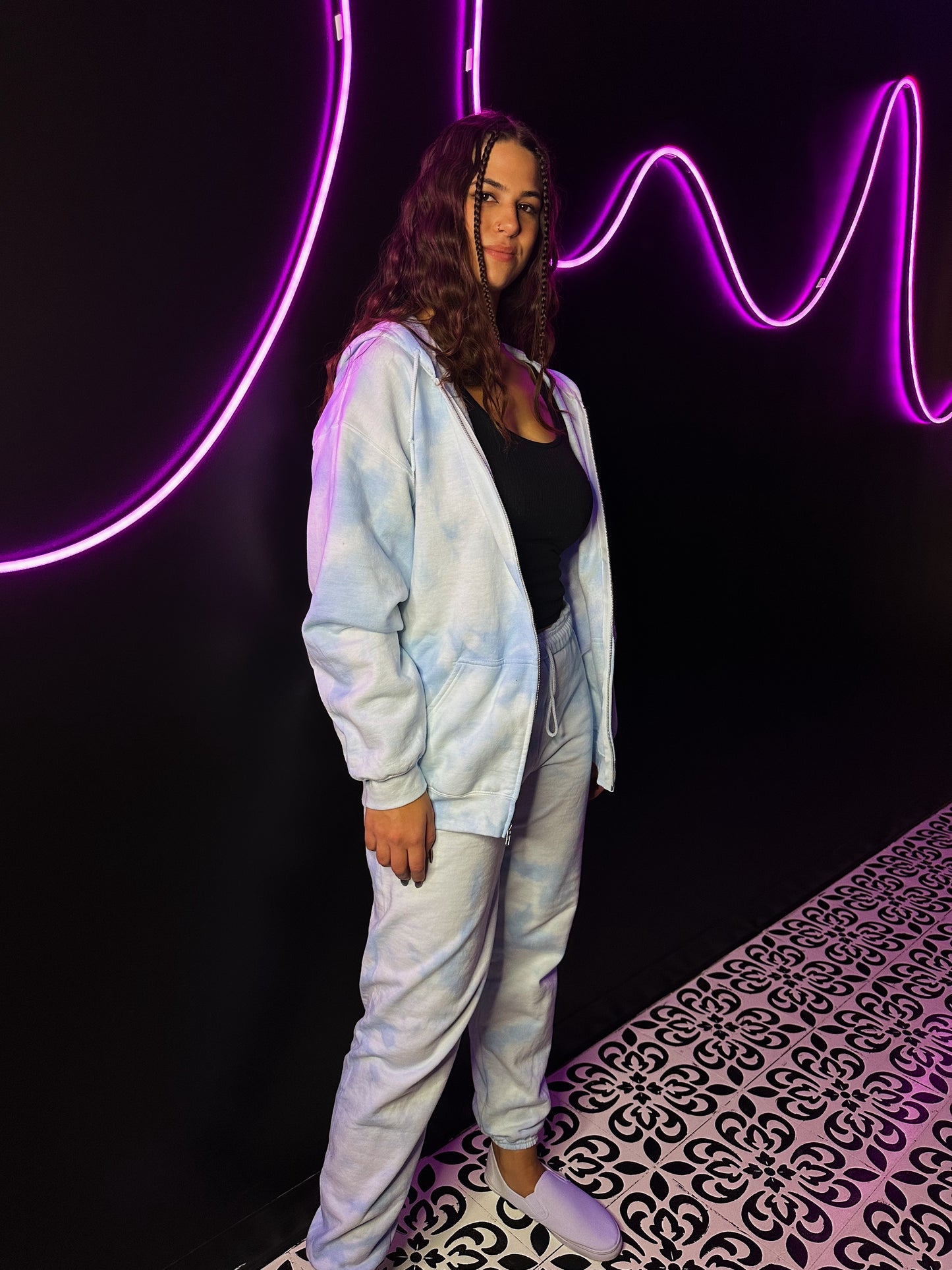 Powder Blue Tie Dye Zip Up Sweatsuit Set