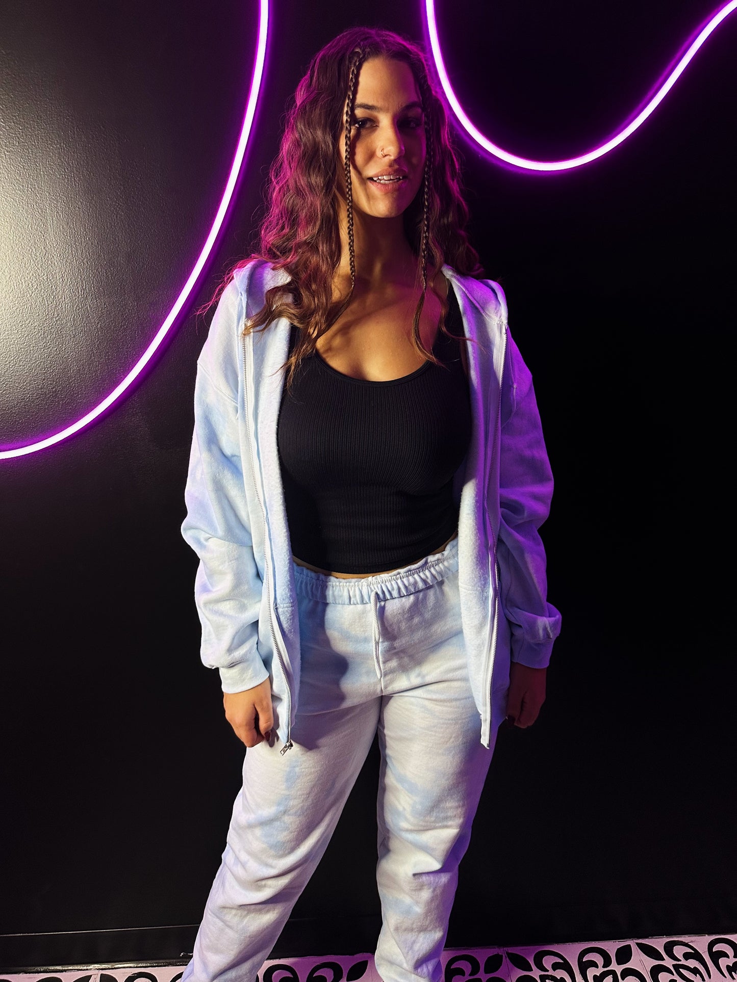 Powder Blue Tie Dye Zip Up Sweatsuit Set