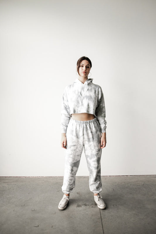 two piece grey tie dye sweatsuit